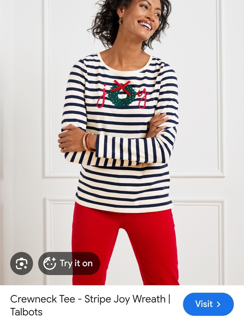 Talbots Crewneck Tee - Stripe Joy Wreath Size Small NWT